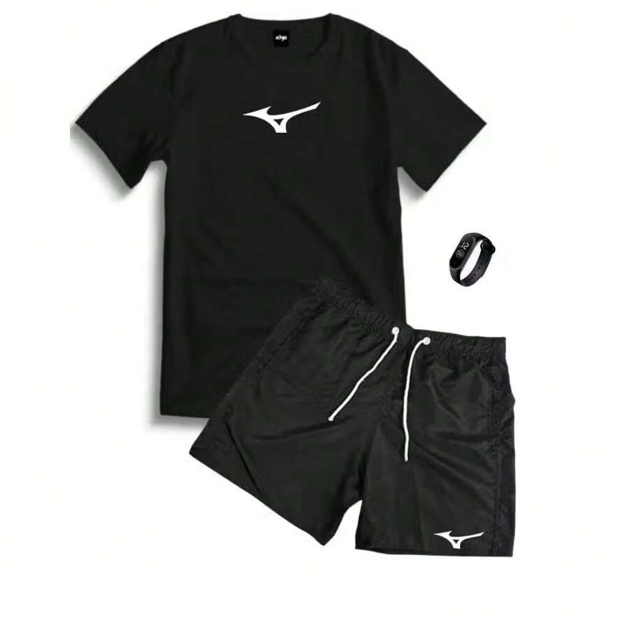 conjunto camiseta 100% algodão bermuda tactel tenis mizzu relogio brinde